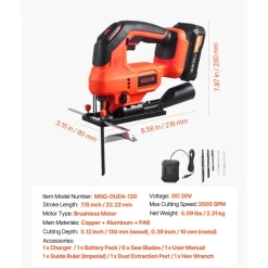 VEVOR Cordless Jig Saw, 20 V Brushless Motor, 3500 SPM Blade Speed, Cordless Jigsaw with 6 pcs Blades, LED Light, 6 Variable Speed, 0- 45° Bevel Cuts, 4 Orbital Settings, for Wood and Metal Cutting