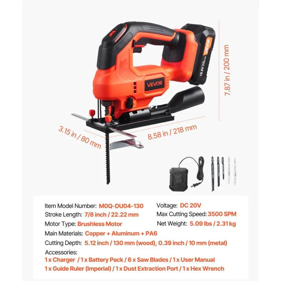 VEVOR Cordless Jig Saw, 20 V Brushless Motor, 3500 SPM Blade Speed, Cordless Jigsaw with 6 pcs Blades, LED Light, 6 Variable Speed, 0- 45° Bevel Cuts, 4 Orbital Settings, for Wood and Metal Cutting