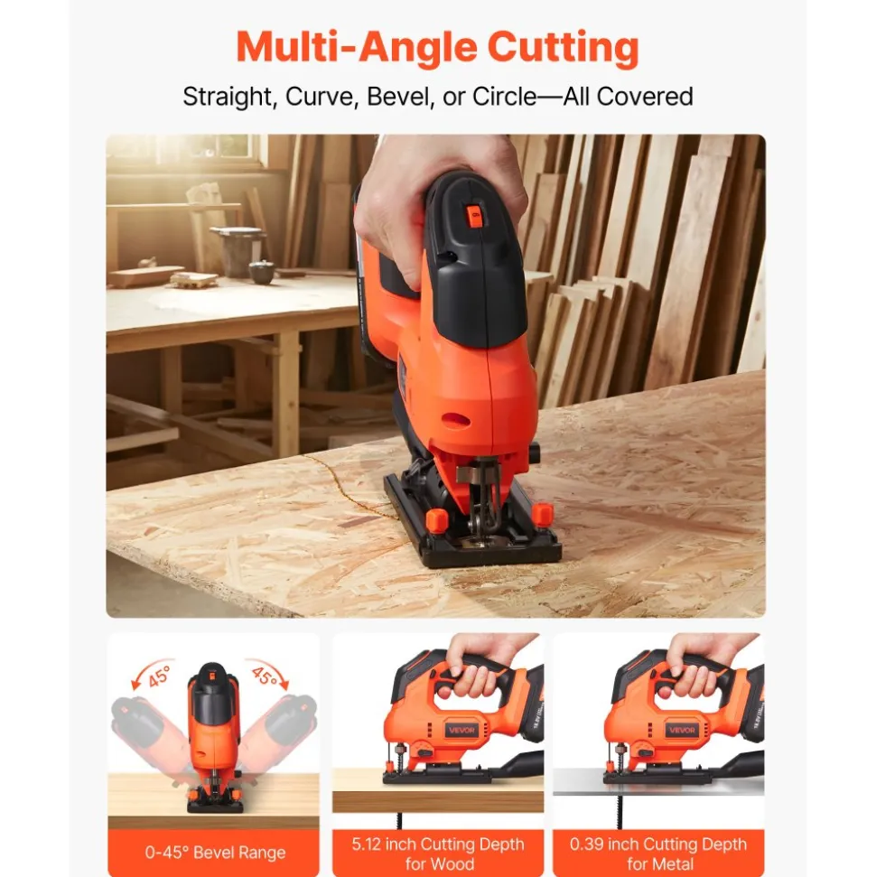 VEVOR Cordless Jig Saw, 20 V Brushless Motor, 3500 SPM Blade Speed, Cordless Jigsaw with 6 pcs Blades, LED Light, 6 Variable Speed, 0- 45° Bevel Cuts, 4 Orbital Settings, for Wood and Metal Cutting