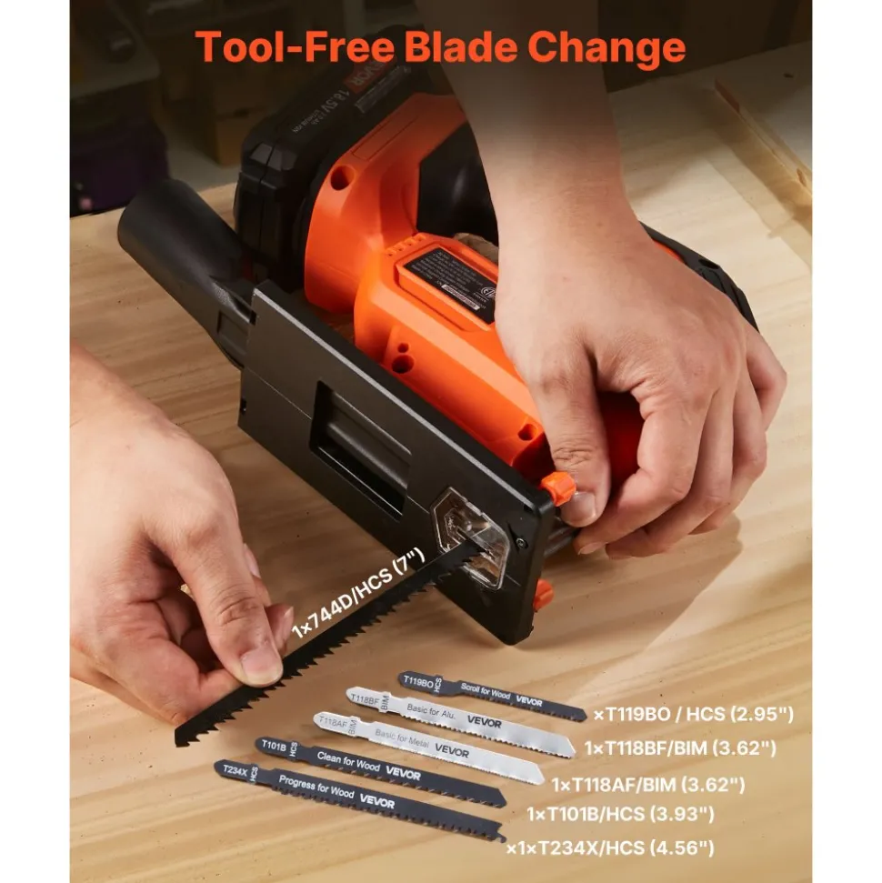 VEVOR Cordless Jig Saw, 20 V, 3000 SPM Blade Speed, Cordless Jigsaw with Battery and Charger, LED Light, 6 Variable Speed, 0- 45° Bevel Cuts, with 6 pcs Blades, 4 Orbital Settings, for Wood, Metal