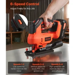 VEVOR Cordless Jig Saw, 20 V, 3000 SPM Blade Speed, Cordless Jigsaw with Battery and Charger, LED Light, 6 Variable Speed, 0- 45° Bevel Cuts, with 6 pcs Blades, 4 Orbital Settings, for Wood, Metal