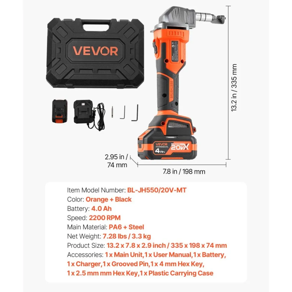 VEVOR Cordless Metal Nibbler, with 20 V 4000 mAh Battery, 2200 RPM Efficient Brushless Motor, Electric Nibbler Metal Cutter with Plastic Carrying Case for Cutting Steel Sheet and Aluminum Sheet