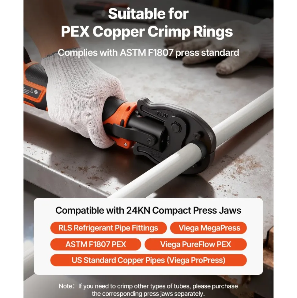 VEVOR Cordless Mini Press Tool, 18V Electric Pipe Crimping Tool for 1/2", 3/4", 1" PEX Pipe Copper Rings, 24KN PEX Press Tool with 2pcs Battery, Fast Charger & Carrying Case - Meet ASTM F1807 Standard