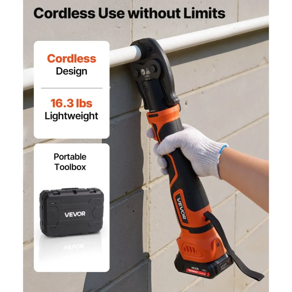 VEVOR Cordless Mini Press Tool, 18V Electric Pipe Crimping Tool for 1/2", 3/4", 1" PEX Pipe Copper Rings, 24KN PEX Press Tool with 2pcs Battery, Fast Charger & Carrying Case - Meet ASTM F1807 Standard