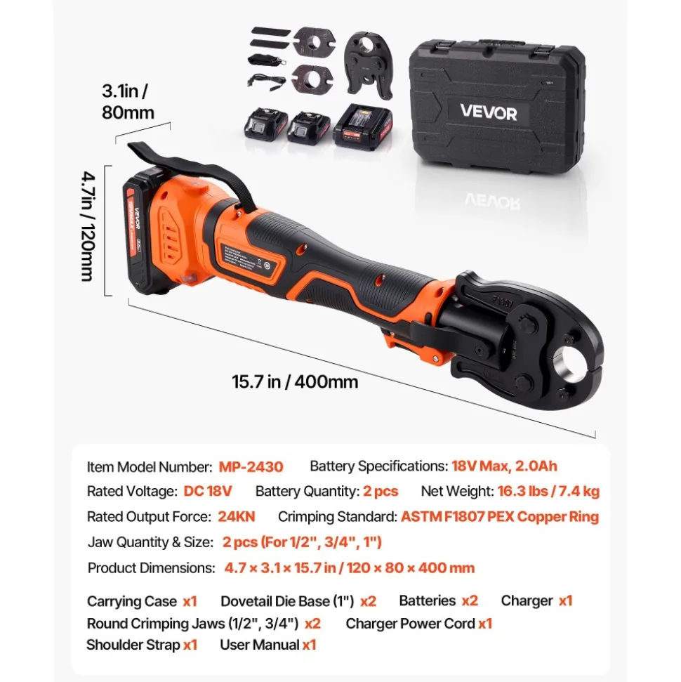 VEVOR Cordless Mini Press Tool, 18V Electric Pipe Crimping Tool for 1/2", 3/4", 1" PEX Pipe Copper Rings, 24KN PEX Press Tool with 2pcs Battery, Fast Charger & Carrying Case - Meet ASTM F1807 Standard