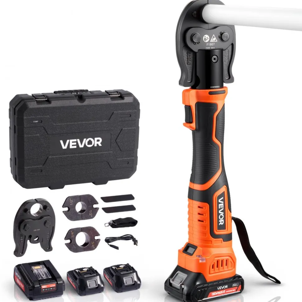 VEVOR Cordless Mini Press Tool, 18V Electric Pipe Crimping Tool for 1/2", 3/4", 1" PEX Pipe Copper Rings, 24KN PEX Press Tool with 2pcs Battery, Fast Charger & Carrying Case - Meet ASTM F1807 Standard