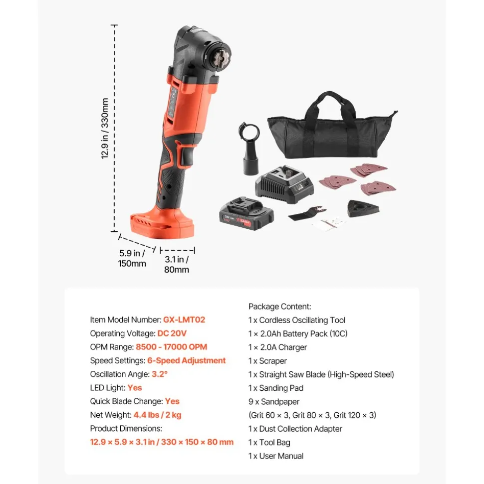 VEVOR Cordless Oscillating Tool, 20V Oscillating Multi Tool Kit with 6 Variable Speeds 8500 - 17000 OPM, 3.2° Oscillation Angle, 2.0Ah Battery Pack & Charger, 12PCS Saw Accessories & LED Work Light