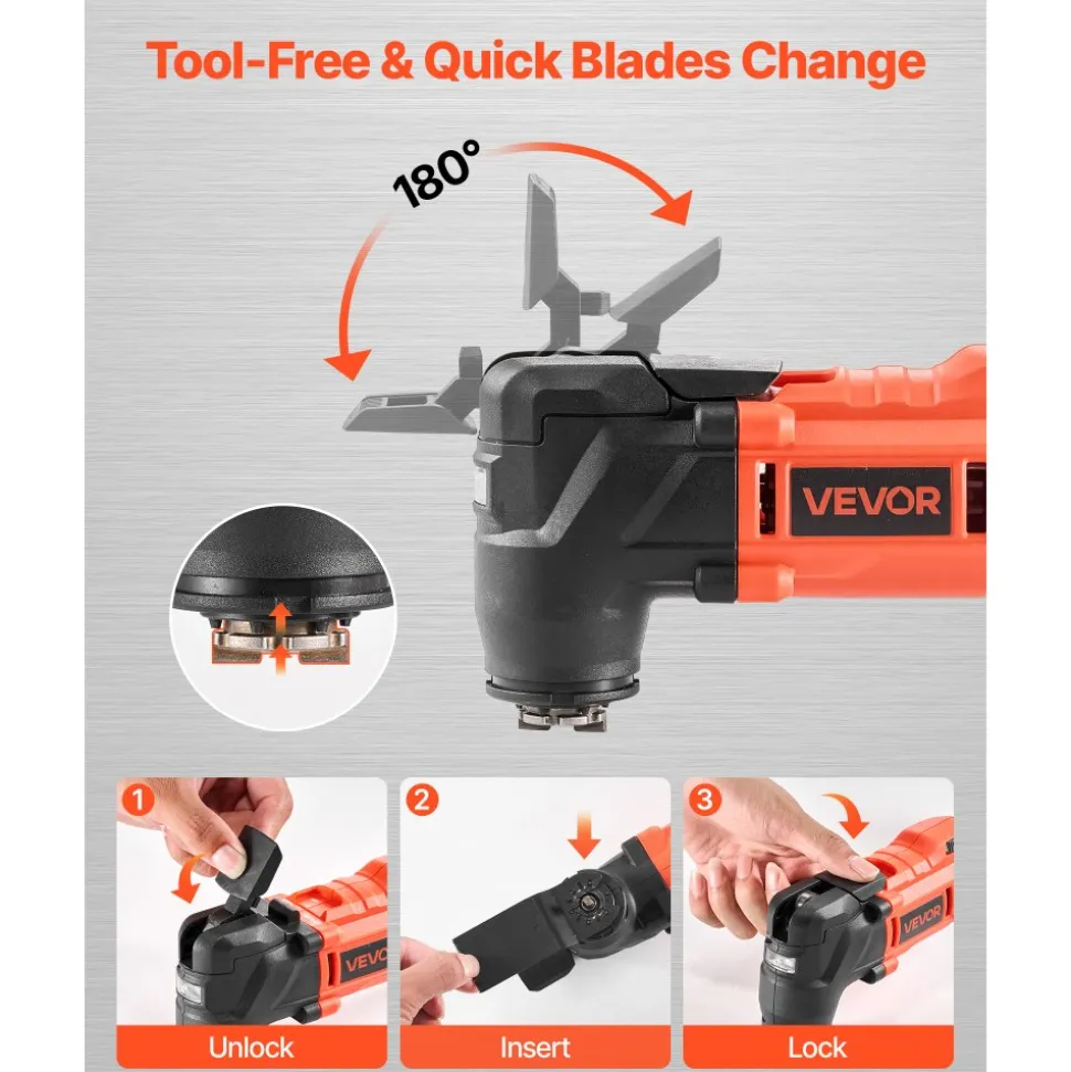 VEVOR Cordless Oscillating Tool, 20V Oscillating Multi Tool Kit with 6 Variable Speeds 8500 - 17000 OPM, 3.2° Oscillation Angle, 2.0Ah Battery Pack & Charger, 12PCS Saw Accessories & LED Work Light