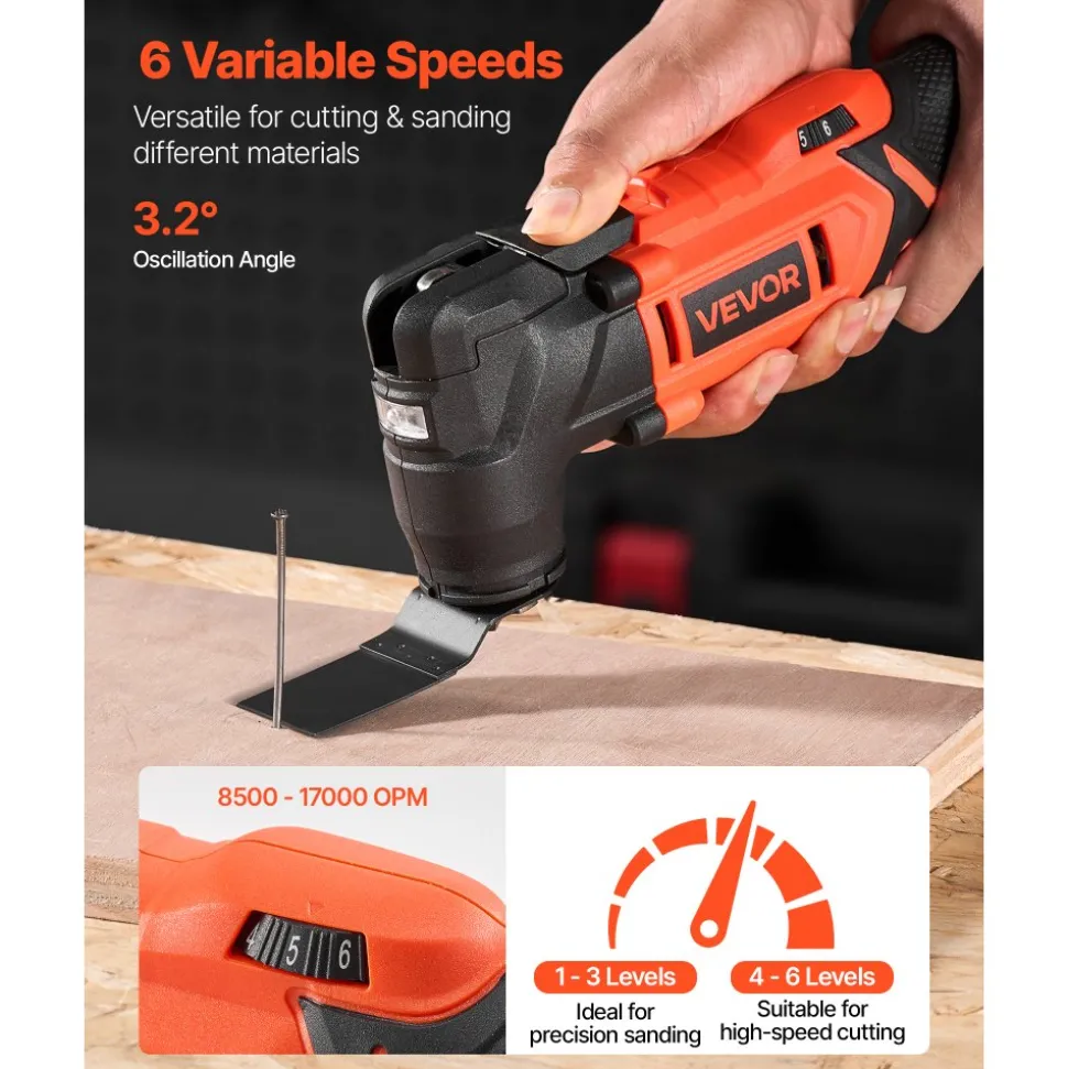 VEVOR Cordless Oscillating Tool, 20V Multitool Oscillating Tool with 6 Variable Speeds 8500 - 17000 OPM, 3.2° Oscillating Angle, 8PCS Saw Accessories & LED Work Light (Battery Pack Not Included)