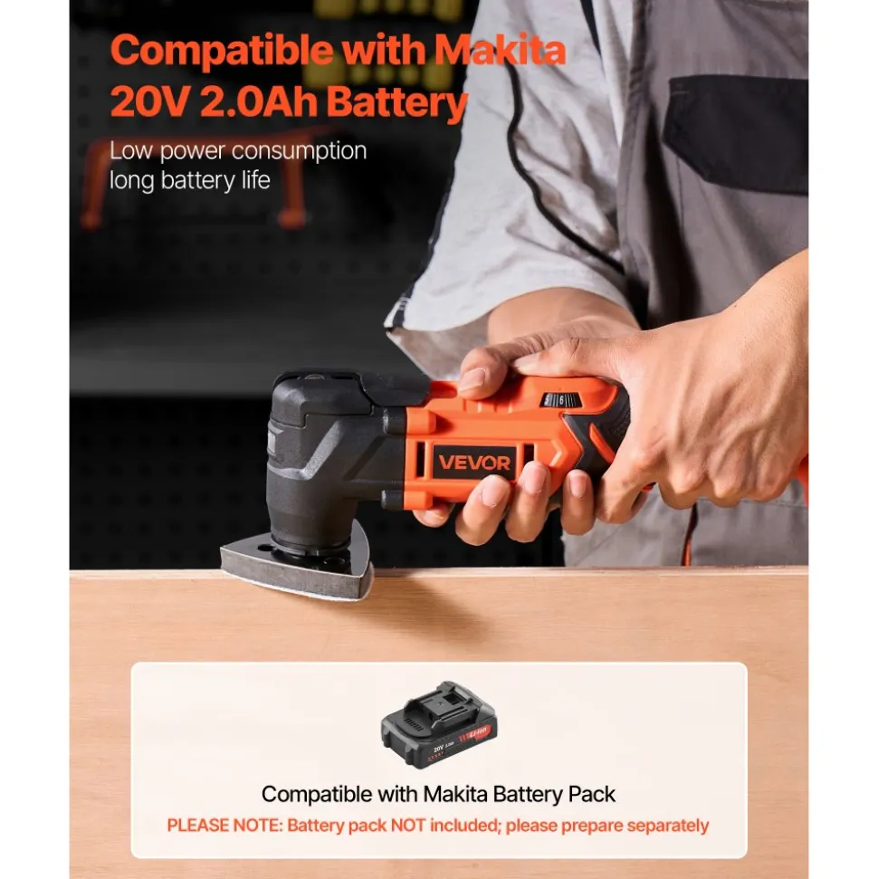 VEVOR Cordless Oscillating Tool, 20V Multitool Oscillating Tool with 6 Variable Speeds 8500 - 17000 OPM, 3.2° Oscillating Angle, 8PCS Saw Accessories & LED Work Light (Battery Pack Not Included)