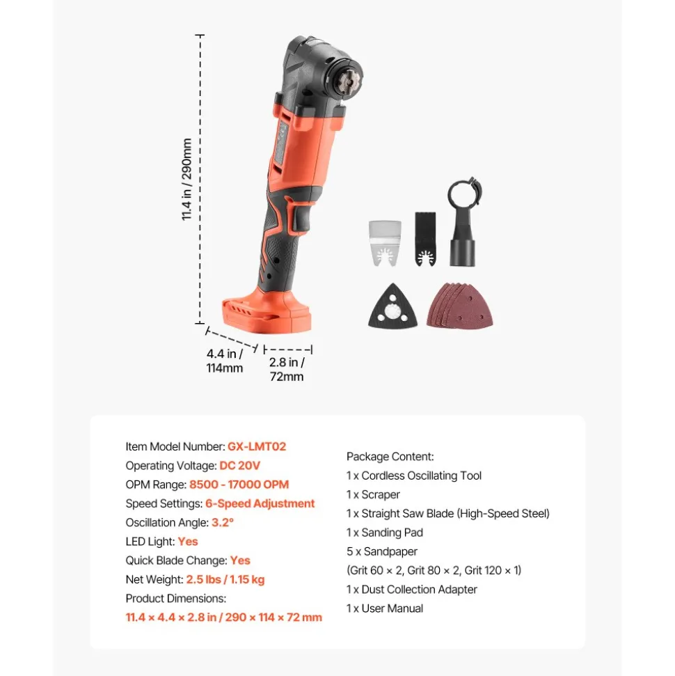 VEVOR Cordless Oscillating Tool, 20V Multitool Oscillating Tool with 6 Variable Speeds 8500 - 17000 OPM, 3.2° Oscillating Angle, 8PCS Saw Accessories & LED Work Light (Battery Pack Not Included)