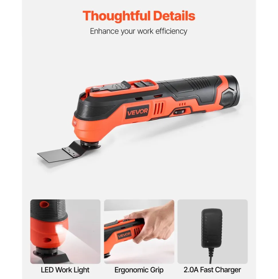 VEVOR Cordless Oscillating Tool, 12V Multitool Oscillating Saw Tool with 6 Variable Speeds 6000 - 17500 OPM, 3.2° Oscillation Angle, 2.0Ah Battery Pack & Charger, 8PCS Saw Accessories & LED Work Light