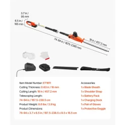 VEVOR Cordless Pole Hedge Trimmer, 20V Electric Bush Trimmer Kit with 18 Inch Double-Edged Steel Blade, 74-94 Inches Telescoping Design for High Branches (2.0Ah Battery and Fast Charger Included)