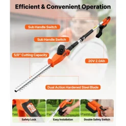 VEVOR Cordless Pole Hedge Trimmer, 20V Electric Bush Trimmer Kit with 18 Inch Double-Edged Steel Blade, 74-94 Inches Telescoping Design for High Branches (2.0Ah Battery and Fast Charger Included)