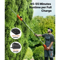 VEVOR Cordless Pole Hedge Trimmer, 20V Electric Bush Trimmer Kit with 18 Inch Double-Edged Steel Blade, 74-94 Inches Telescoping Design for High Branches (2.0Ah Battery and Fast Charger Included)
