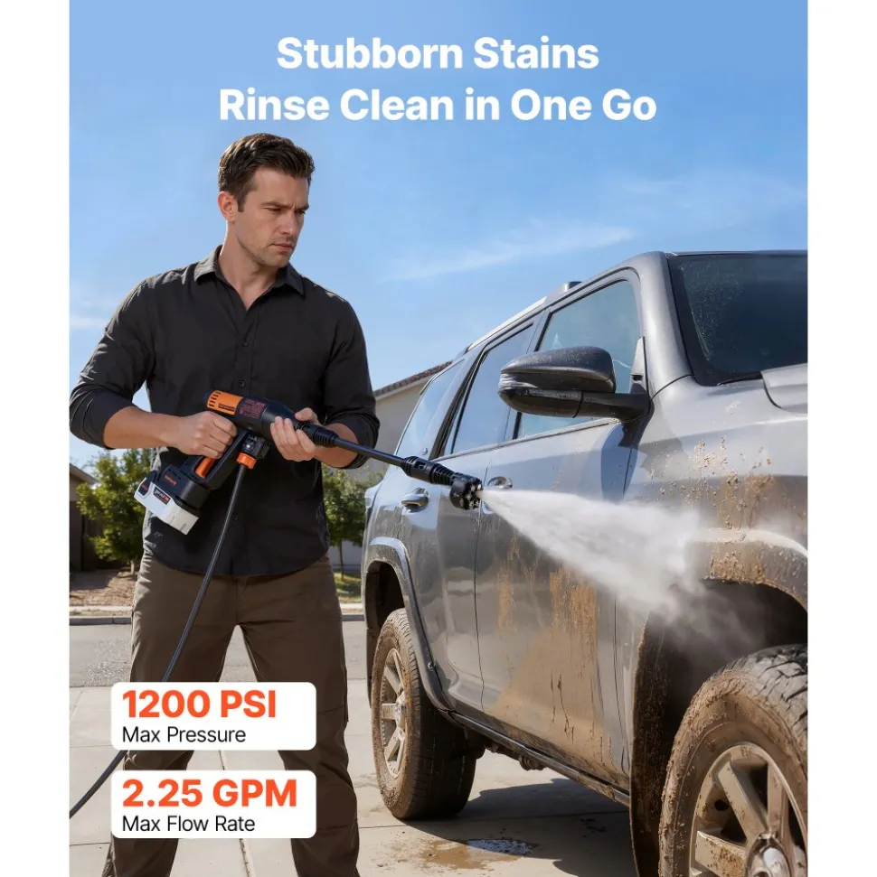 VEVOR Cordless Pressure Washer, 1200PSI MAX Portable Pressure Washer with Brushless Motor, Dual Batteries, 6-in-1 Nozzle & Water Hose, 4 Speed Adjustable, Handheld Power Cleaner for Home Garden Patio