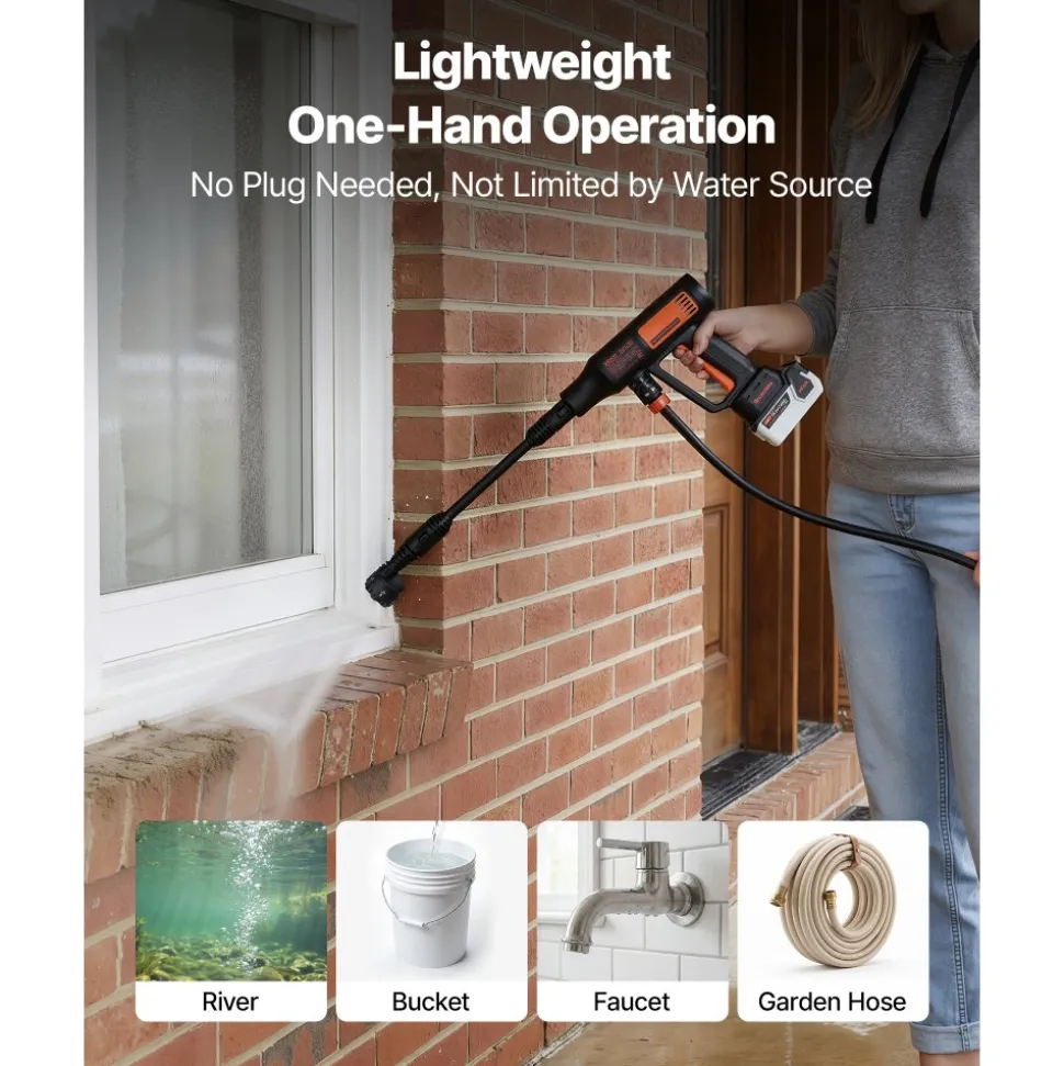 VEVOR Cordless Pressure Washer, 1200PSI MAX Portable Pressure Washer with Brushless Motor, Dual Batteries, 6-in-1 Nozzle & Water Hose, 4 Speed Adjustable, Handheld Power Cleaner for Home Garden Patio