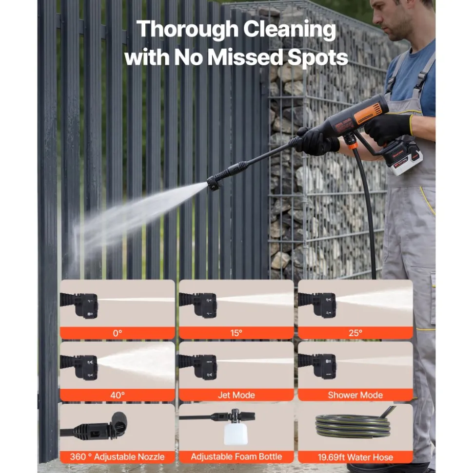 VEVOR Cordless Pressure Washer, 1200PSI MAX Portable Pressure Washer with Brushless Motor, Dual Batteries, 6-in-1 Nozzle & Water Hose, 4 Speed Adjustable, Handheld Power Cleaner for Home Garden Patio