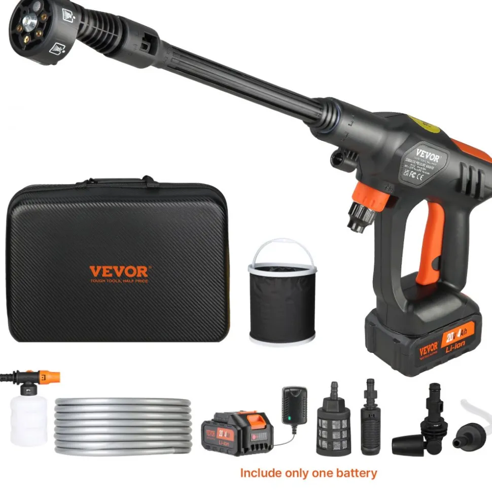 VEVOR Cordless Pressure Washer, 652-PSI 1.1 GPM Portable Power Cleaner, Handheld High-Pressure Car Washer Gun with 4.0Ah Battery, Charger, 6-in-1 Nozzle, for Home/Floor Cleaning & Watering