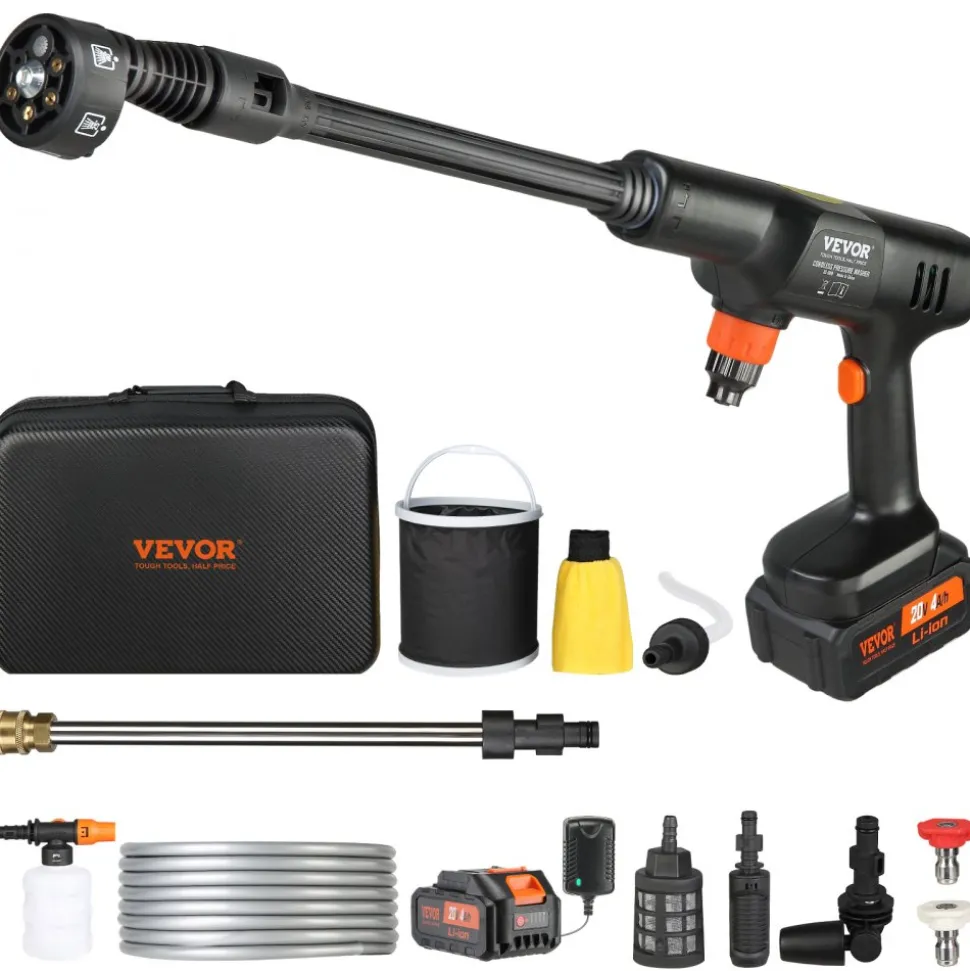 VEVOR Cordless Pressure Washer, 580-PSI 1.1 GPM Portable Power Cleaner, Handheld High-Pressure Car Washer Gun with 4.0Ah Battery, Charger, 6-in-1 Nozzle, for Home/Floor Cleaning & Watering