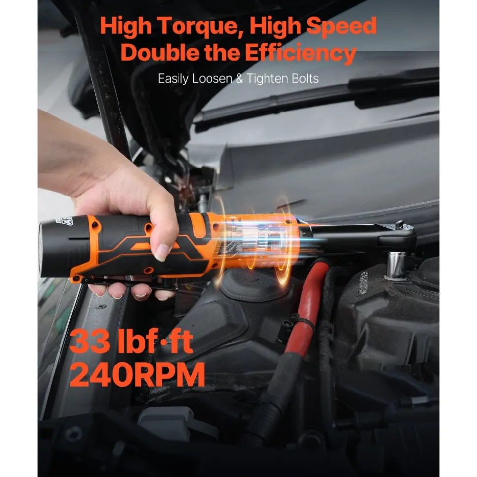 VEVOR Cordless Ratchet Wrench, 3/8 inch Drive, 240 RPM, up to 33 ft-lbs of Torque, Extended Battery Powered Electric Ratchet Wrench Set with Two Batteries, Charger, Sockets, Adaptor and Extension Bar