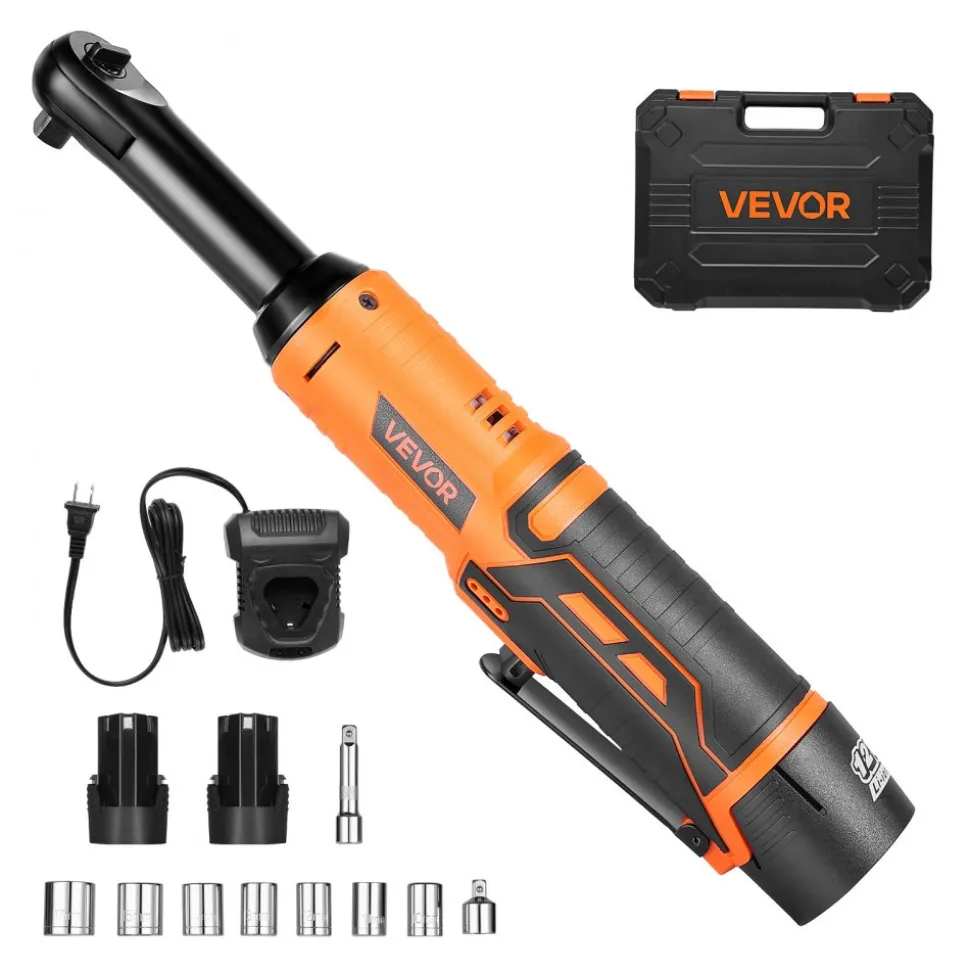 VEVOR Cordless Ratchet Wrench, 3/8 inch Drive, 240 RPM, up to 33 ft-lbs of Torque, Extended Battery Powered Electric Ratchet Wrench Set with Two Batteries, Charger, Sockets, Adaptor and Extension Bar