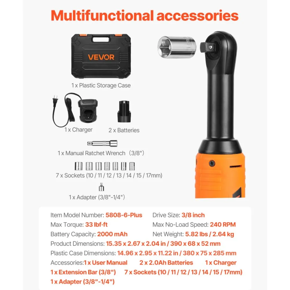 VEVOR Cordless Ratchet Wrench, 3/8 inch Drive, 240 RPM, up to 33 ft-lbs of Torque, Extended Battery Powered Electric Ratchet Wrench Set with Two Batteries, Charger, Sockets, Adaptor and Extension Bar