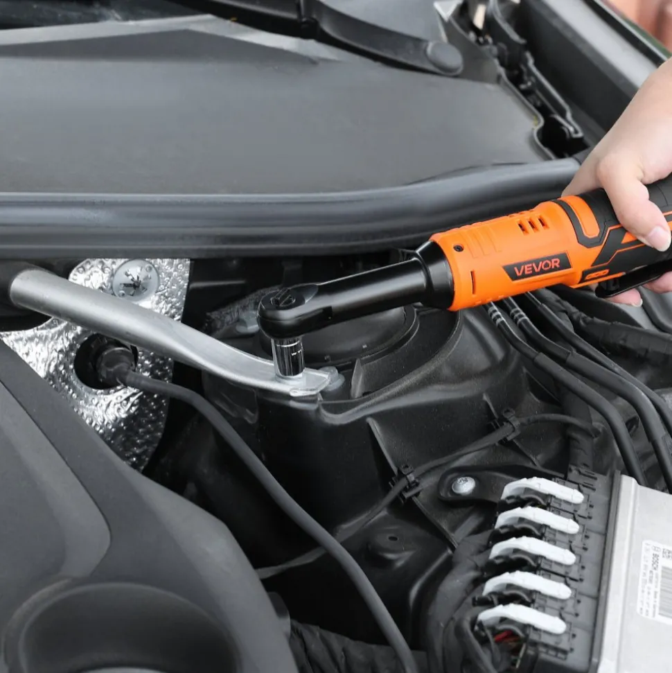 VEVOR Cordless Ratchet Wrench, 3/8 inch Drive, 240 RPM, up to 33 ft-lbs of Torque, Extended Battery Powered Electric Ratchet Wrench Set with Two Batteries, Charger, Sockets, Adaptor and Extension Bar