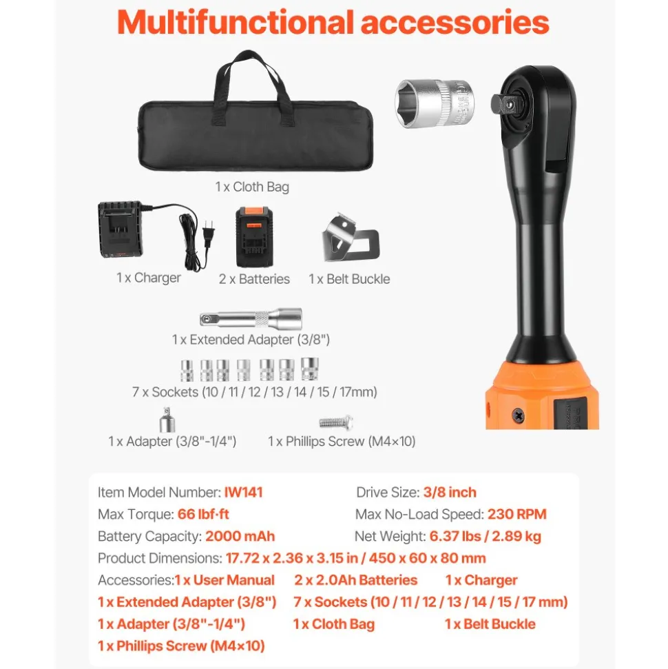VEVOR Cordless Ratchet Wrench, 3/8 inch Drive, 230 RPM, up to 66 ft-lbs of Torque, Battery Powered Electric Ratchet Wrench Set with Two 2.0Ah Batteries, Charger, Sockets, Adaptors and Cloth Bag