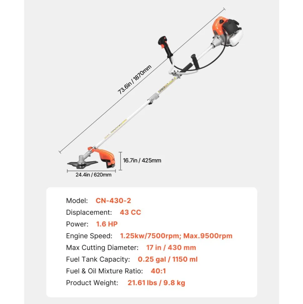 VEVOR Cordless String Trimmer, 43 cc 2-Stroke, Gas Powered Weed Wacker, 17" Cordless Grass Trimmer, Multi-Functional Lawn Edger with Shoulder Strap & 3T Blade, Weed Eater for Quick Grass Cleaning