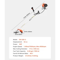 VEVOR Cordless String Trimmer, 52 cc 2-Stroke, Gas Powered Weed Wacker, 17" Cordless Grass Trimmer, Multi-Functional Lawn Edger with Shoulder Strap & 3T Blade, Weed Eater for Quick Grass Cleaning