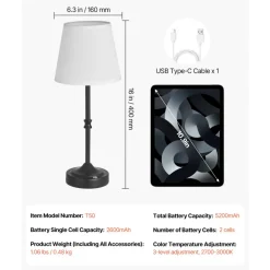 VEVOR Cordless Table Lamp, 5200mAh Built-in Rechargeable Battery Desk Lamp, 3-Level Brightness, Fabric Shade, 2700-3000K Color Temperature, Table Light for Restaurant, Bedroom, Bar Counter, Black