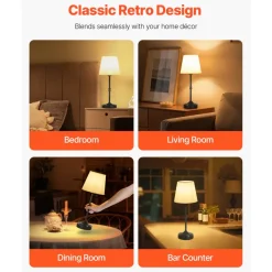 VEVOR Cordless Table Lamp, 5200mAh Built-in Rechargeable Battery Desk Lamp, 3-Level Brightness, Fabric Shade, 2700-3000K Color Temperature, Table Light for Restaurant, Bedroom, Bar Counter, Black