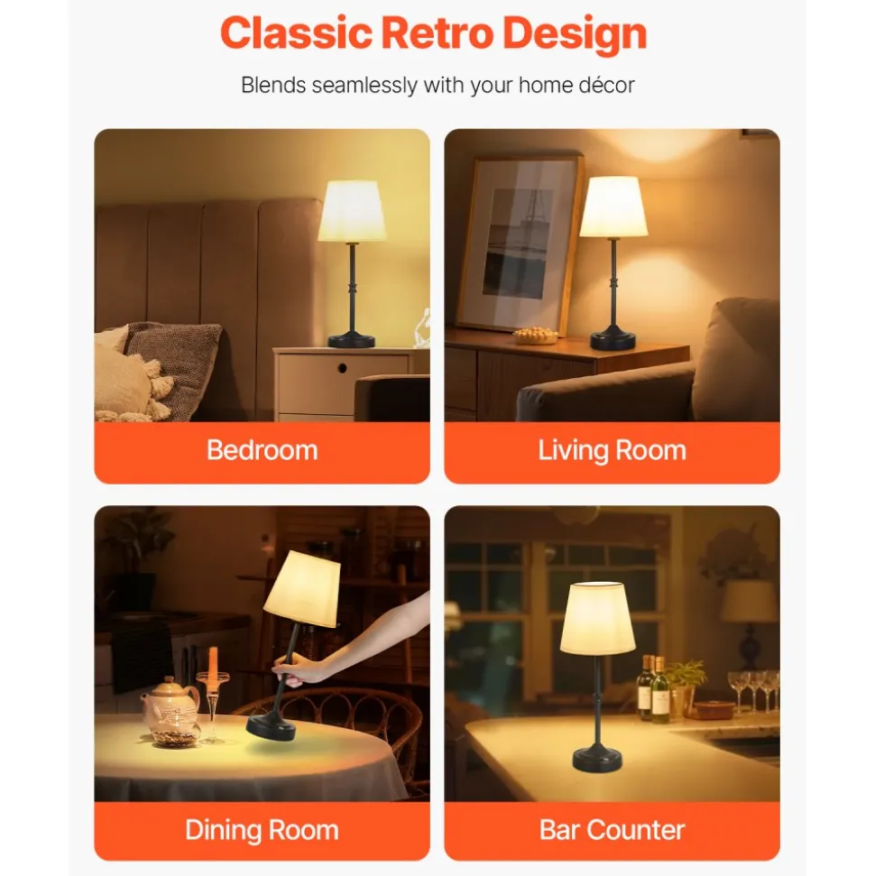 VEVOR Cordless Table Lamp, 5200mAh Built-in Rechargeable Battery Desk Lamp, 3-Level Brightness, Fabric Shade, 2700-3000K Color Temperature, Table Light for Restaurant, Bedroom, Bar Counter, Black