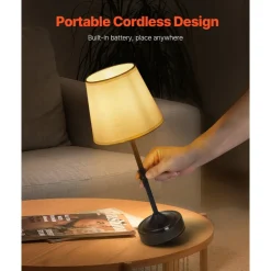 VEVOR Cordless Table Lamp, 5200mAh Built-in Rechargeable Battery Desk Lamp, 3-Level Brightness, Fabric Shade, 2700-3000K Color Temperature, Table Light for Restaurant, Bedroom, Bar Counter, Black