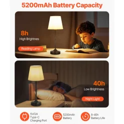 VEVOR Cordless Table Lamp, 5200mAh Built-in Rechargeable Battery Desk Lamp, 3-Level Brightness, Fabric Shade, 2700-3000K Color Temperature, Table Light for Restaurant, Bedroom, Bar Counter, Black