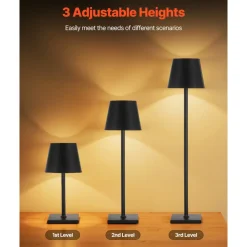VEVOR Cordless Table Lamp, 2-Pack, 5200mAh Built-in Rechargeable Battery Desk Lamp, Stepless Dimming Up, 3 Adjustable Heights, Detachable Lampshade for Bottle, Restaurant, Bedroom, Outdoor, Black