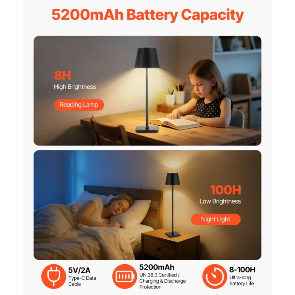 VEVOR Cordless Table Lamp, 2-Pack, 5200mAh Built-in Rechargeable Battery Desk Lamp, Stepless Dimming Up, 3 Adjustable Heights, Detachable Lampshade for Bottle, Restaurant, Bedroom, Outdoor, Black