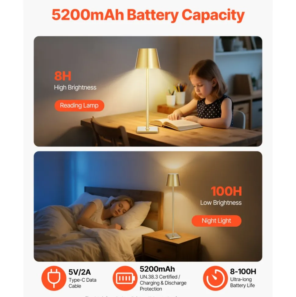 VEVOR Cordless Table Lamp, 2-Pack, 5200mAh Built-in Rechargeable Battery Desk Lamp, Stepless Dimming Up, 3 Adjustable Heights, Detachable Lampshade for Bottle, Restaurant, Bedroom, Outdoor, Gold