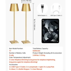 VEVOR Cordless Table Lamp, 2-Pack, 5200mAh Built-in Rechargeable Battery Desk Lamp, Stepless Dimming Up, 3 Adjustable Heights, Detachable Lampshade for Bottle, Restaurant, Bedroom, Outdoor, Gold