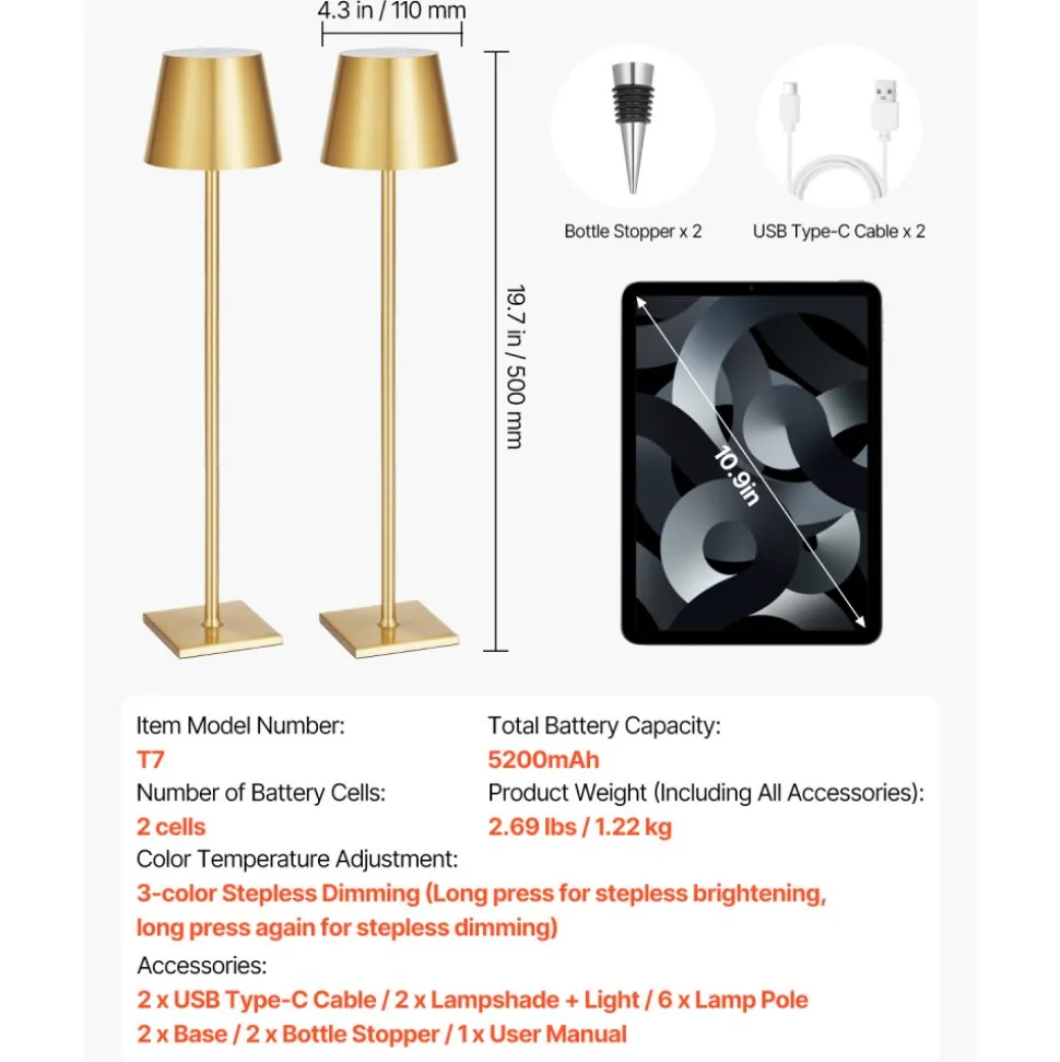 VEVOR Cordless Table Lamp, 2-Pack, 5200mAh Built-in Rechargeable Battery Desk Lamp, Stepless Dimming Up, 3 Adjustable Heights, Detachable Lampshade for Bottle, Restaurant, Bedroom, Outdoor, Gold
