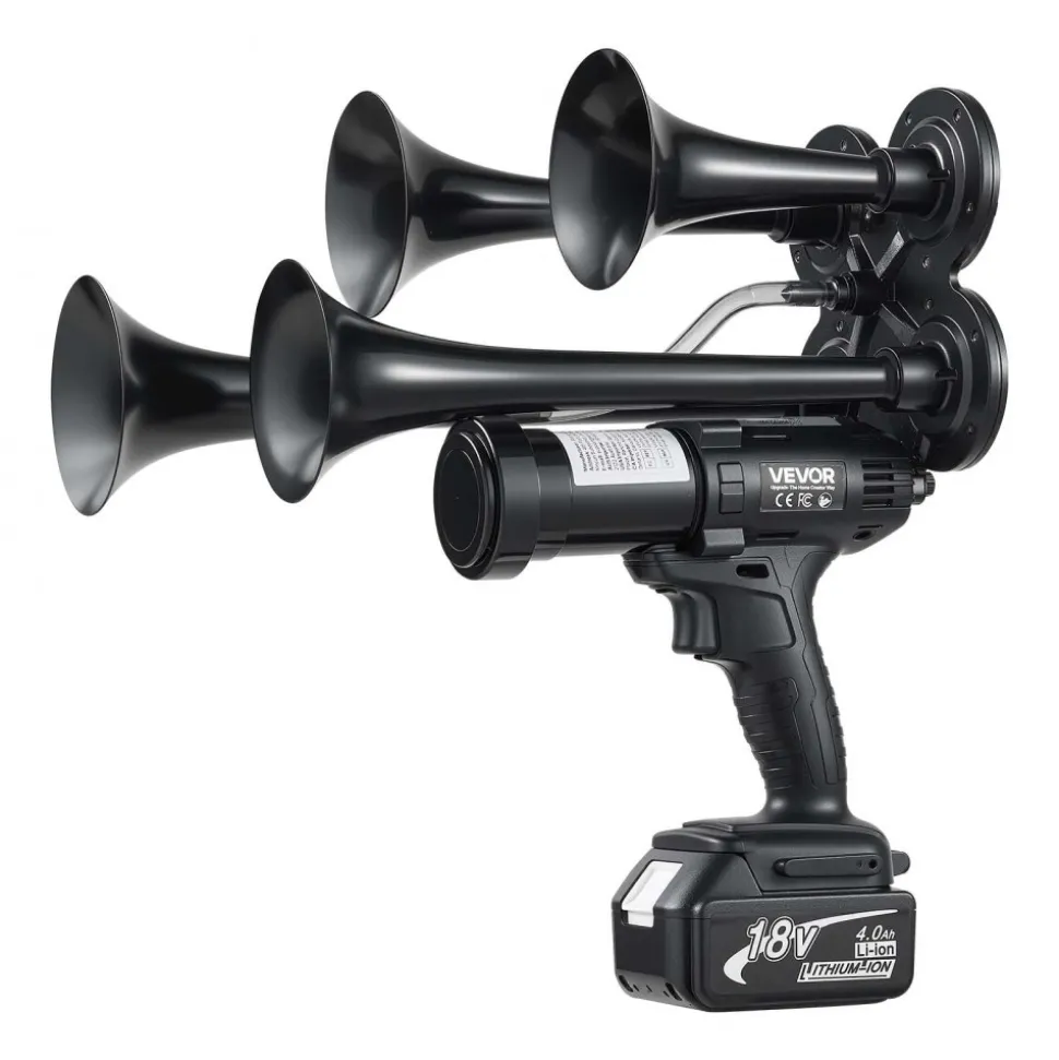 VEVOR Cordless 4-Trumpet Air Horn 130dB Train Air Horn & Built-in Air Pump, 18V 4Ah Lithium Battery, Powerful Sound, Strong Penetration, Handheld Portable for Vehicle Alerts, Holiday & Sporting Events