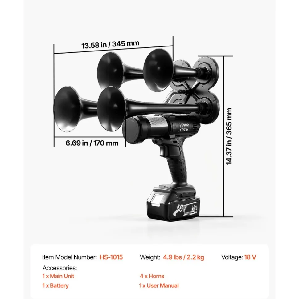 VEVOR Cordless 4-Trumpet Air Horn 130dB Train Air Horn & Built-in Air Pump, 18V 4Ah Lithium Battery, Powerful Sound, Strong Penetration, Handheld Portable for Vehicle Alerts, Holiday & Sporting Events