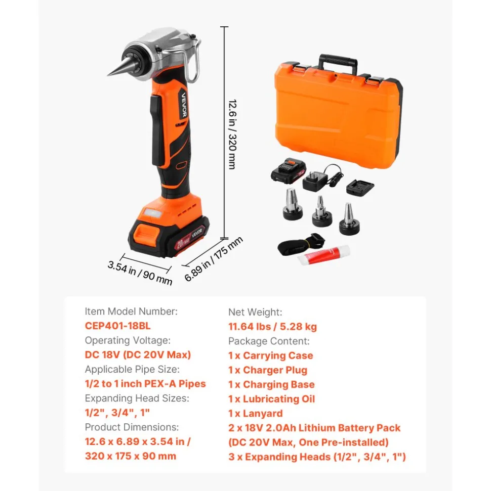 VEVOR Cordless Tube Expander, 20V Max Electric Tubing Expansion Tool for 1/2", 3/4", 1" PEX-A Pipes, 22000RPM Pipe Expander with 3 Expanding Head, 2pcs 2AH Battery, Fast Charger & Carrying Case