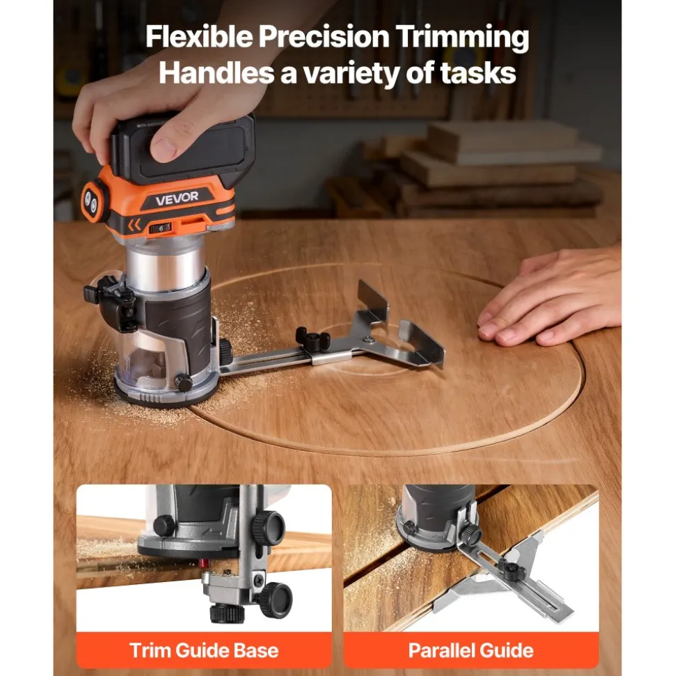 VEVOR Cordless Wood Router, 18V Brushless, Compact Variable Speed Palm Router with Fixed Base, 1/4-Inch Collet, Edge Trimmer Tool for Woodworking, Compatible with Makita 18V Batteries (No Battery)