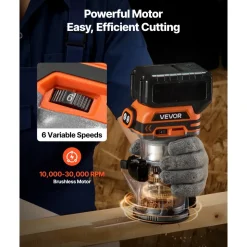 VEVOR Cordless Wood Router, 18V Brushless, Compact Variable Speed Palm Router with Fixed Base, 1/4-Inch Collet, Edge Trimmer Tool for Woodworking, Compatible with Makita 18V Batteries (No Battery)