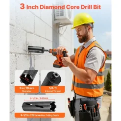 VEVOR Core Drill Bit, 3 inch Diameter, 9-1/2 inch Drilling Depth, 5/8-11 Internal Thread, Diamond Dry Coring Bit with 3 Adapters, Pilot Drill and Hex Wrench, for Concrete, Red Bricks, and Masonry