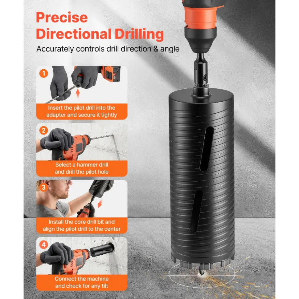 VEVOR Core Drill Bit, 4 inch Diameter, 14 inch Drilling Depth, 1-1/4 in-7 Internal Thread, High-Precision Welding Technology, Wet Diamond Core Bit for Reinforced Concrete, Red Bricks, and Masonry