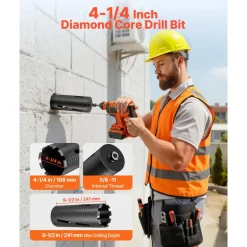 VEVOR Core Drill Bit, 4 inch Diameter, 14 inch Drilling Depth, 1-1/4 in-7 Internal Thread, High-Precision Welding Technology, Wet Diamond Core Bit for Reinforced Concrete, Red Bricks, and Masonry