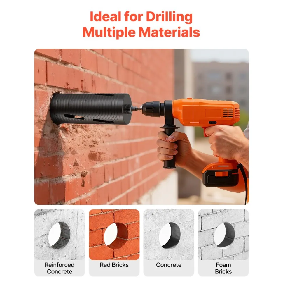 VEVOR Core Drill Bit, 4 inch Diameter, 14 inch Drilling Depth, 1-1/4 in-7 Internal Thread, High-Precision Welding Technology, Wet Diamond Core Bit for Reinforced Concrete, Red Bricks, and Masonry